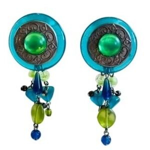 VTG Runway BOHO Chunky Glass Earrings Neon Statement Cha Cha Dangle Clip 80s